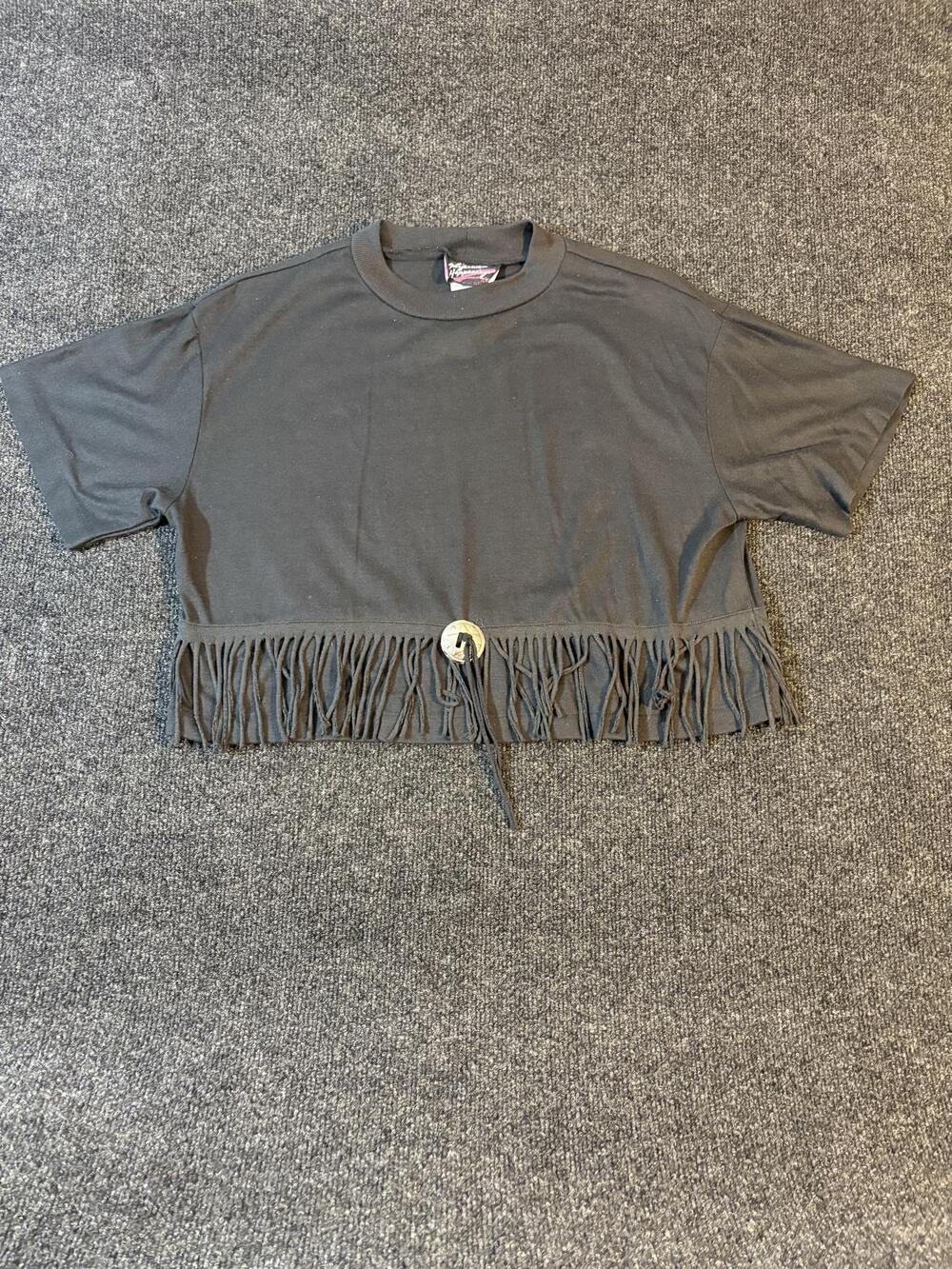 Vintage California Happenings Shirt Womens L Black Fringe Cropped Western Concho